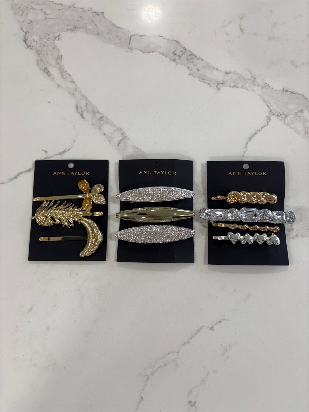 Ann Taylor Metallic Gold & Silver Rhinestone Hair Clip Barrette Set of 10
